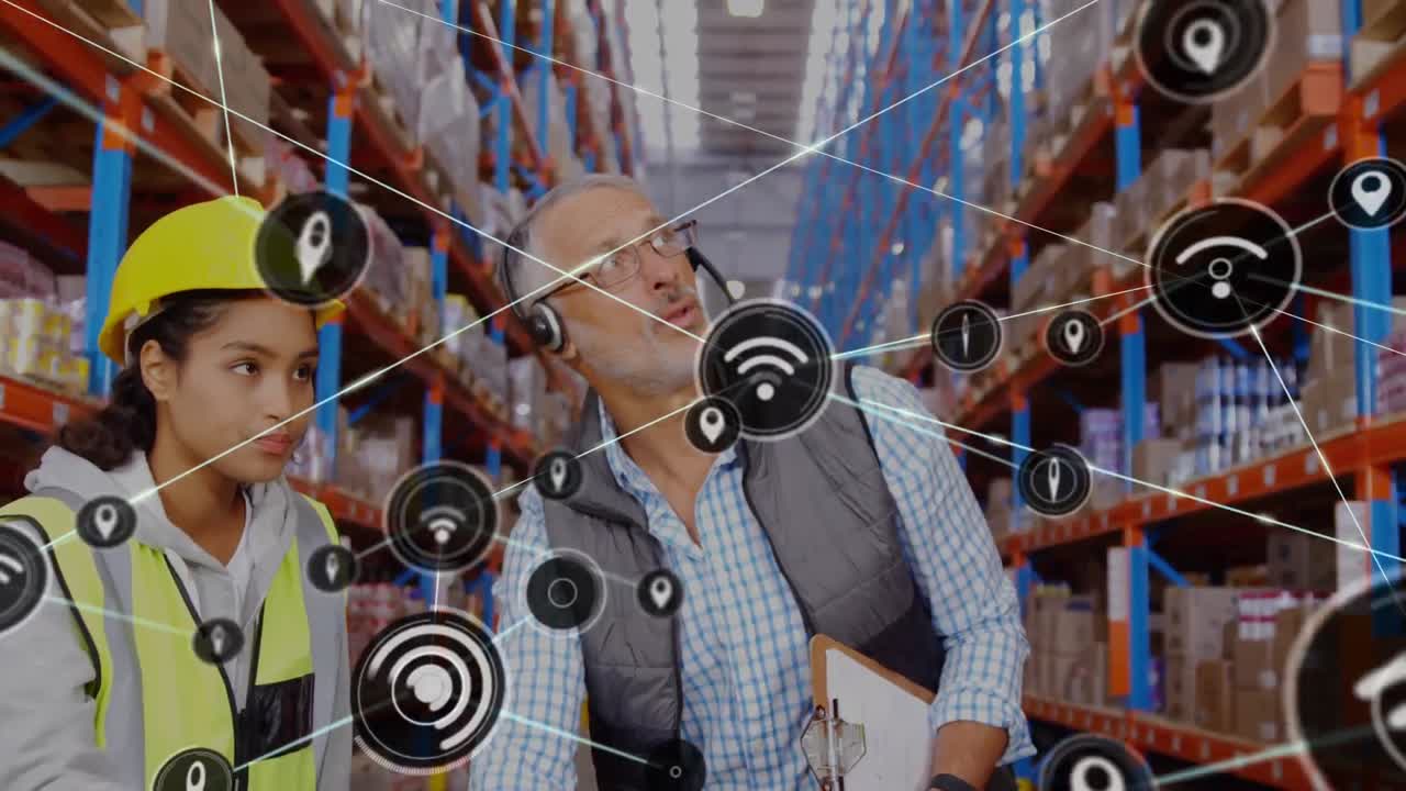 animación de conexiones de red con wifi e iconos de ubicación con trabajadores