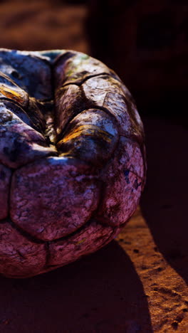 close up of an old, worn soccer ball