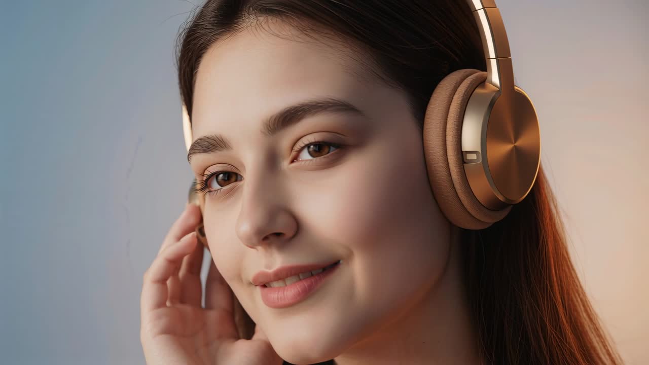 Donna che ascolta musica con cuffie color bronzo, alza la mano destra e tocca il padiglione, sotto illuminazione da studio.
