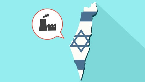 animation of a long shadow israel map with its flag and a comic balloon with factory