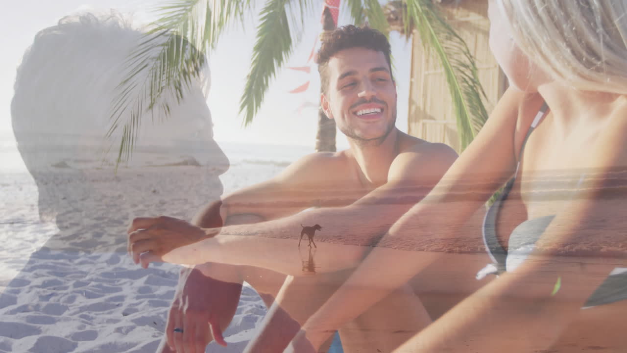 Couple planning travel ad under palm tree, showing animated horse walking ocean profile silhouette