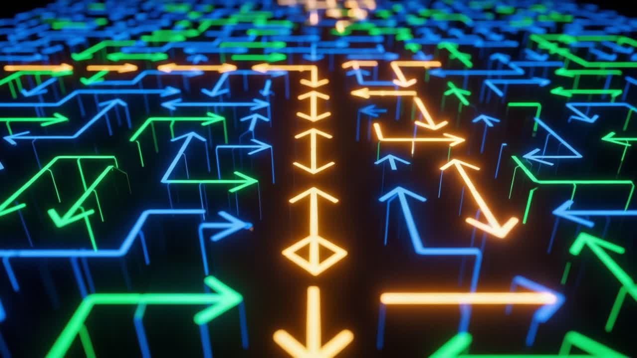 A Stunning Visualization of a Neon Labyrinth with Interconnected Arrows and Pathways That Form a Complex and Colorful Digital Maze for Interactive Exploration