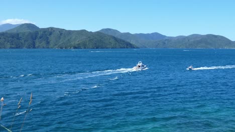 lanchas motoras cruzando el hermoso mar azul profundo en verano - punto karaka, sonido de la reina charlotte