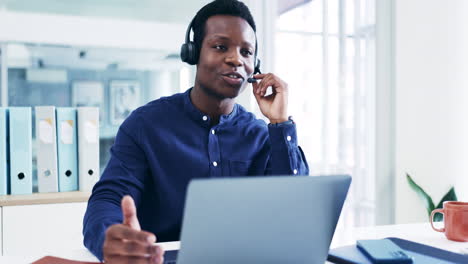 business man, call center and speaking on laptop