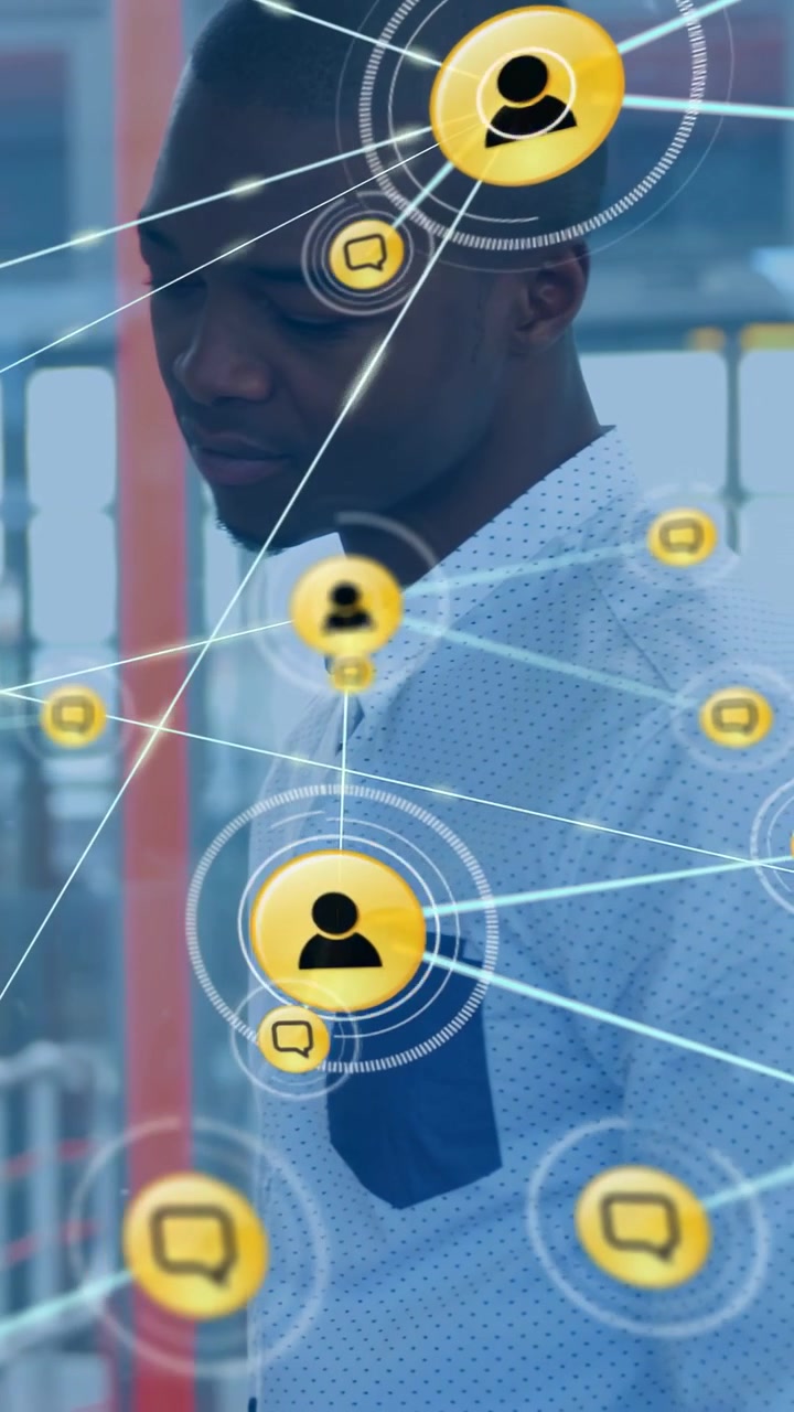 Woman tapping phone sparking network overlay rising across man in business, showing connectivity