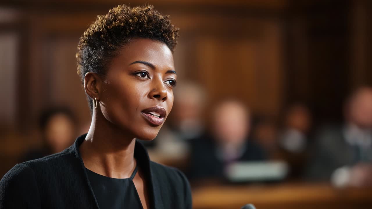 A confident individual delivers a compelling speech in a courtroom setting, passionately discussing a case while being attentively listened to by the audience, highlighting the importance of justice and advocacy