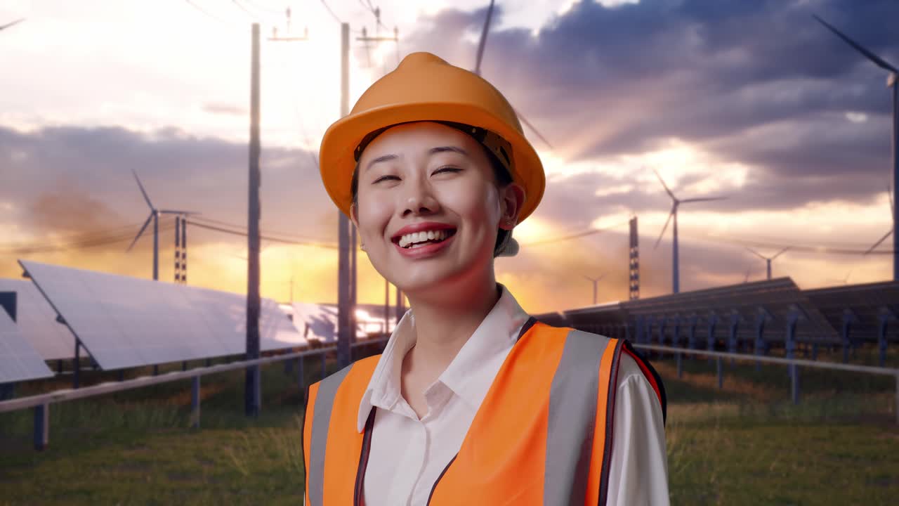 Close Up Side View Of Asian Female Engineer With Safety Helmet Looking Around With Solar Panel and Wind Turbines
