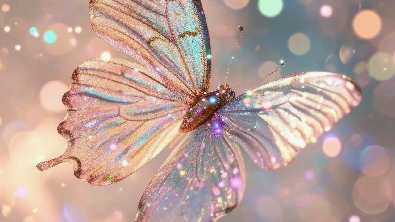 Un video onirico ravvicinato di eteree farfalle in volo, con messa a fuoco morbida ed effetto bokeh