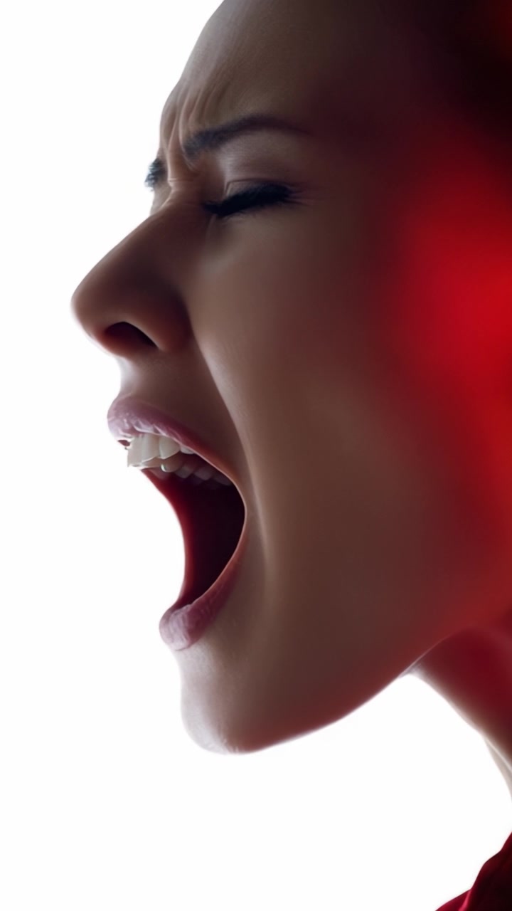Ritratto carico di emozioni che cattura un'espressione intensa di rabbia e passione in silhouette di profilo contro uno sfondo luminoso.