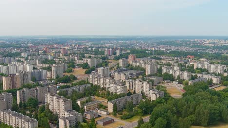 Panoramic-view-of-Kaunas-Eiguliai-district-with-old-apartment-buildings,-aerial-view
