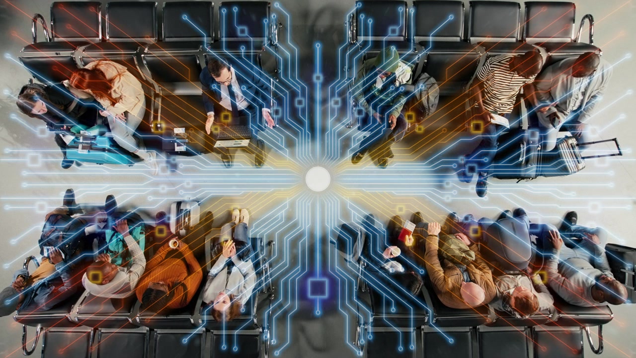 Top down view of passengers sitting in high tech airport, VFX compositing