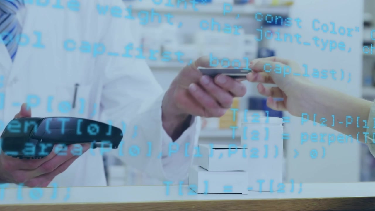 Animation of data processing over caucasian woman paying with credit card