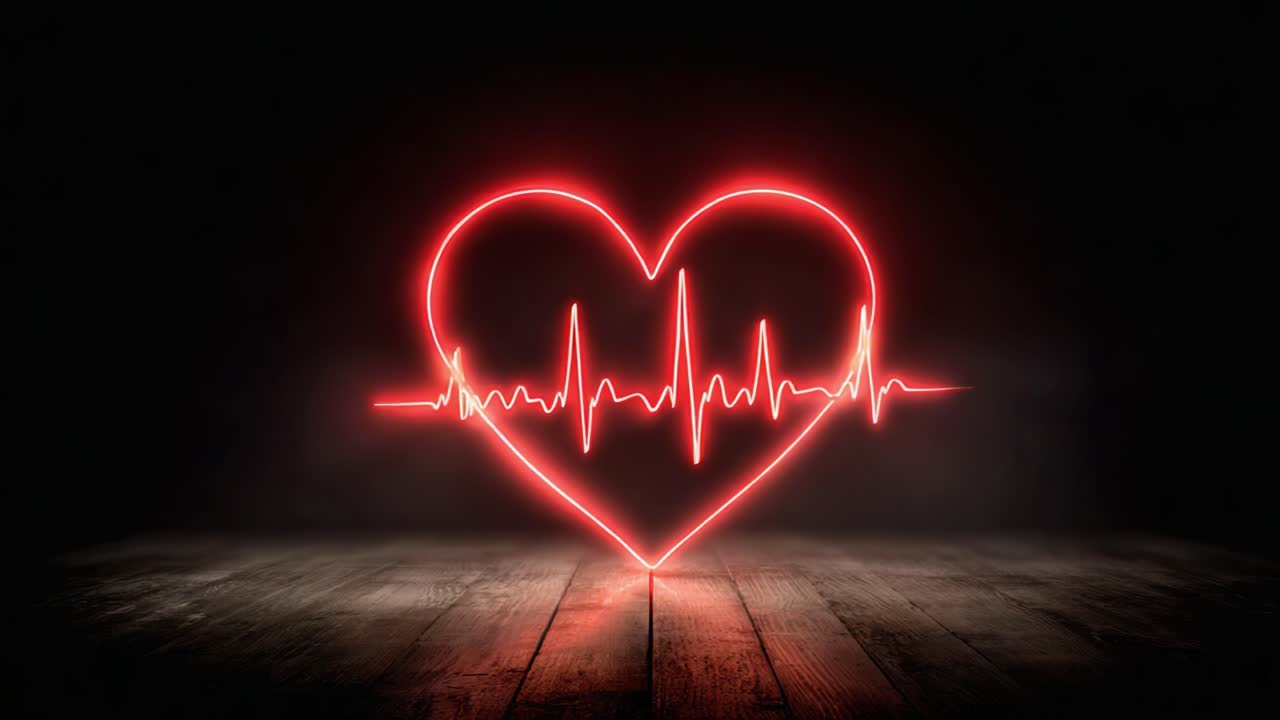 A Glowing Heartbeat: Illuminating Red Heart with Life Pulse Wave on Wooden Surface, Symbolizing Love, Vitality, and Emotional Connection