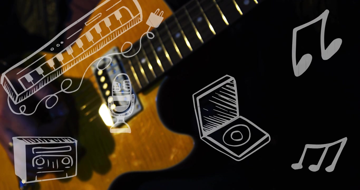 Mão direita entrando para tocar as cordas da guitarra, mão que pressiona as cordas movendo-se no braço para demonstração, rabiscos corrigidos
