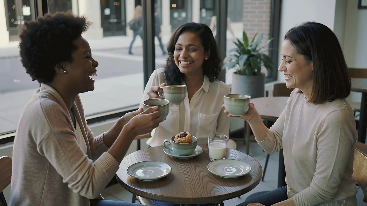 Greeting three women friends clinking ceramic mugs at cafe window, catching up over pastry