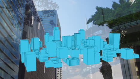 animación de un dibujo de ciudad en 3d que gira sobre el paisaje urbano
