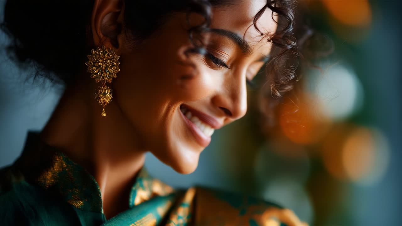 A beautiful young woman in elegant ethnic attire smiles softly in a warm, softly lit environment, showcasing her graceful demeanor and intricate jewelry, radiating joy and sophistication