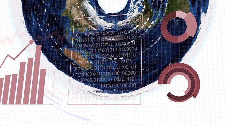 Animation of data processing over world map on white background