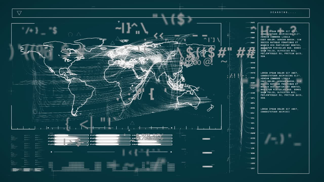 데이터 처리 및 회색 배경에 세계 지도의 애니메이션