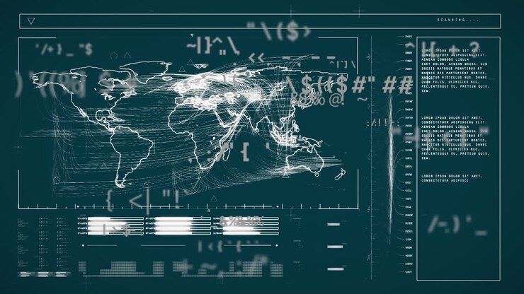 Animation of data processing and world map over gray background