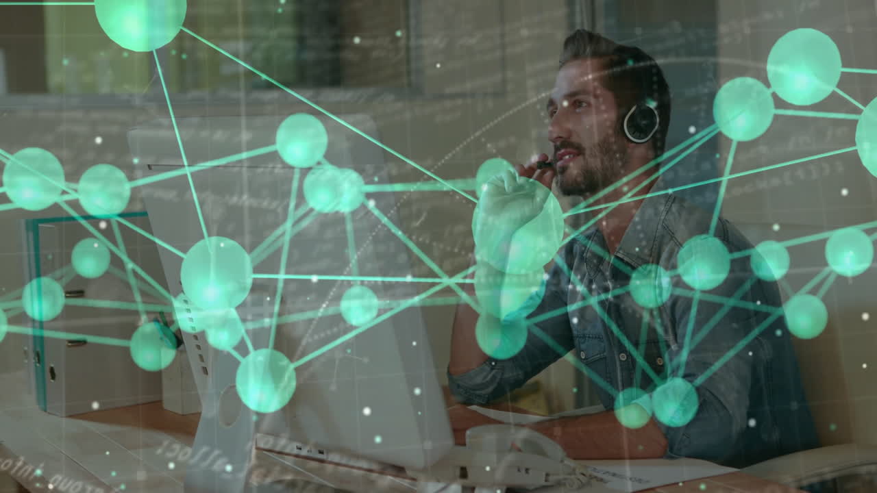 Man with headset working at computer over network connections animation