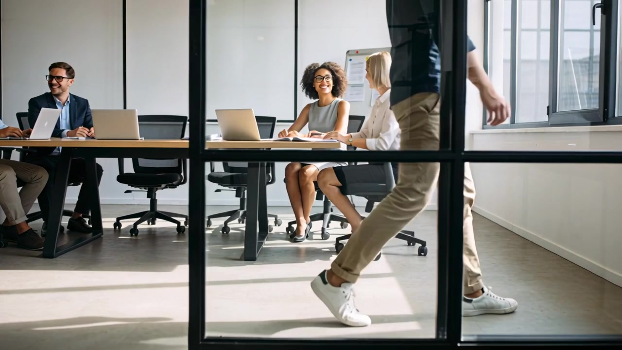 Uomo che cammina con camicia blu navy e pantaloni kaki, attraversa una sala riunioni in vetro oltre i laptop, dirigendosi verso l'uscita.