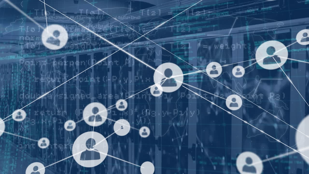Animation of network of profile icons, network of connections, data processing against server room