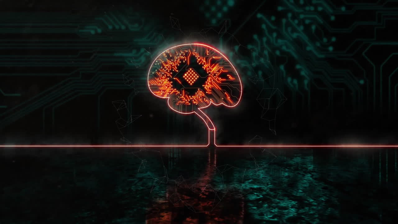 Glowing neon brain with circuit patterns over digital network animation background