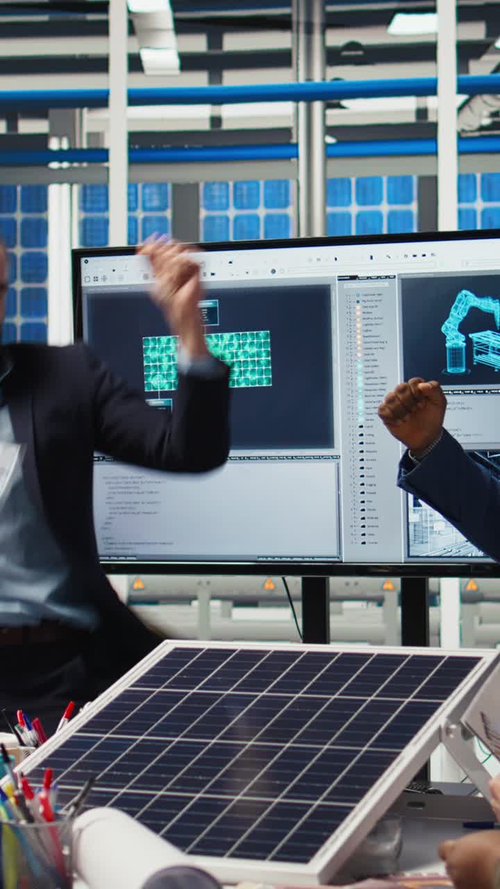 Vertical video Businesspeople dance and celebrate successful investment in solar energy