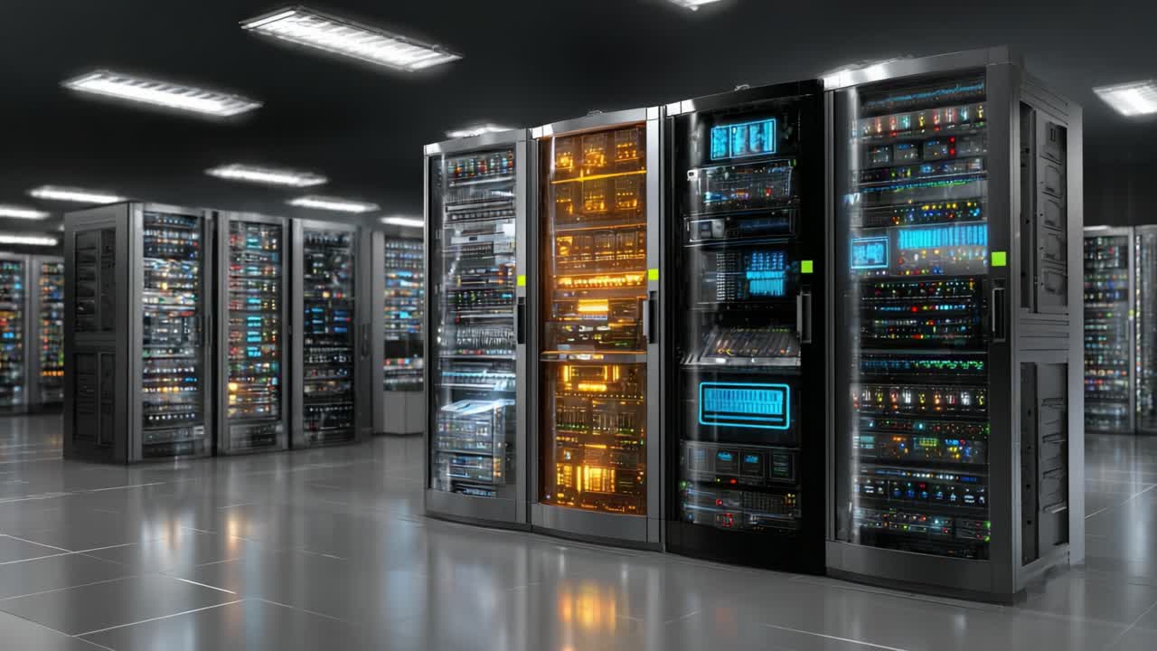 A Comprehensive Overview of a High-Tech Data Center Featuring Rows of Servers with Dynamic Lighting and Advanced Tech Displays in a Modern Environment
