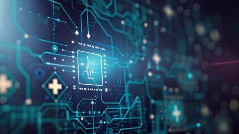 futuristic digital circuit board with medical pulse