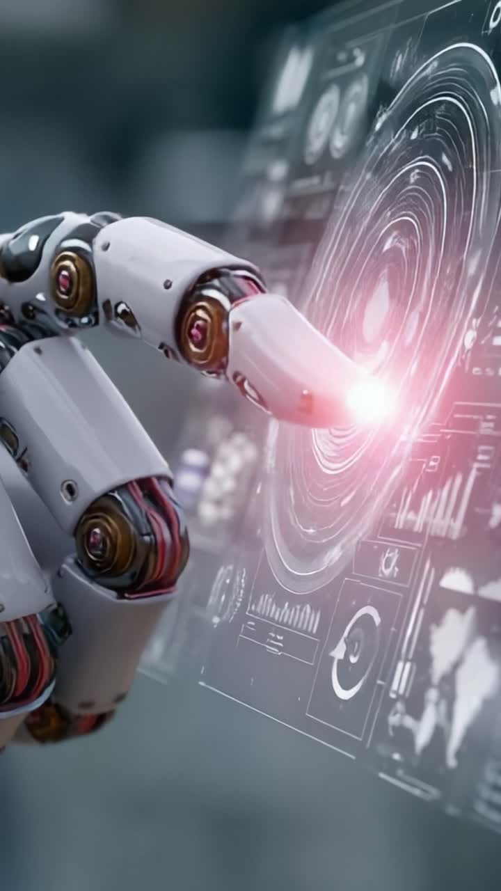 Advanced Robotic Interface: A Close-Up of a Mechanical Hand Interacting with an Interactive Digital Display Showcasing Depth and Futuristic Technology