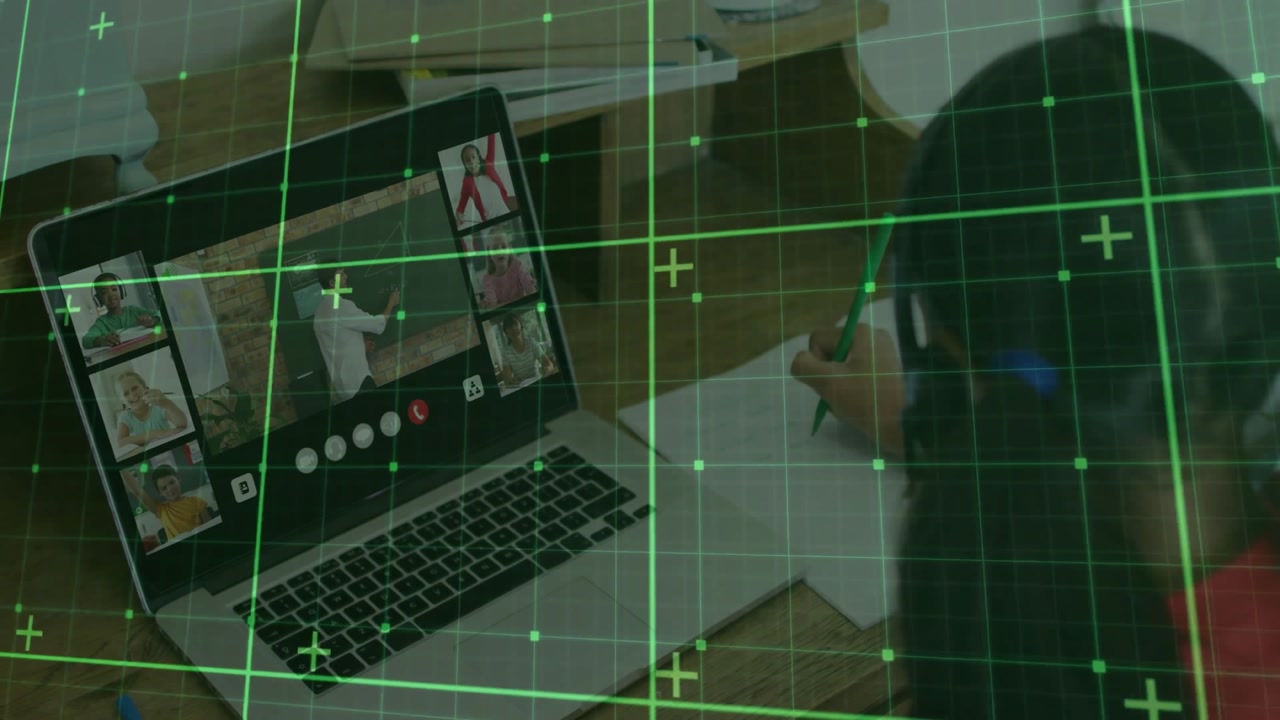 Girl opening laptop initiating online class copying equations with green pencil as teacher writing