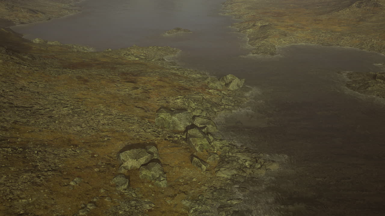 Majestic rocky landscape by a shimmering body of water at dusk