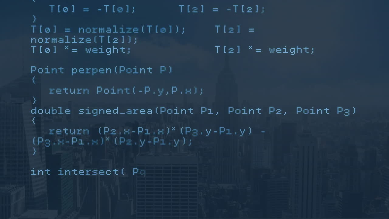 Animation of computer language moving over empire state building and cityscape