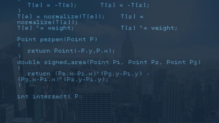 Animatie van computertaal die over het Empire State Building en een stadsgezicht beweegt.