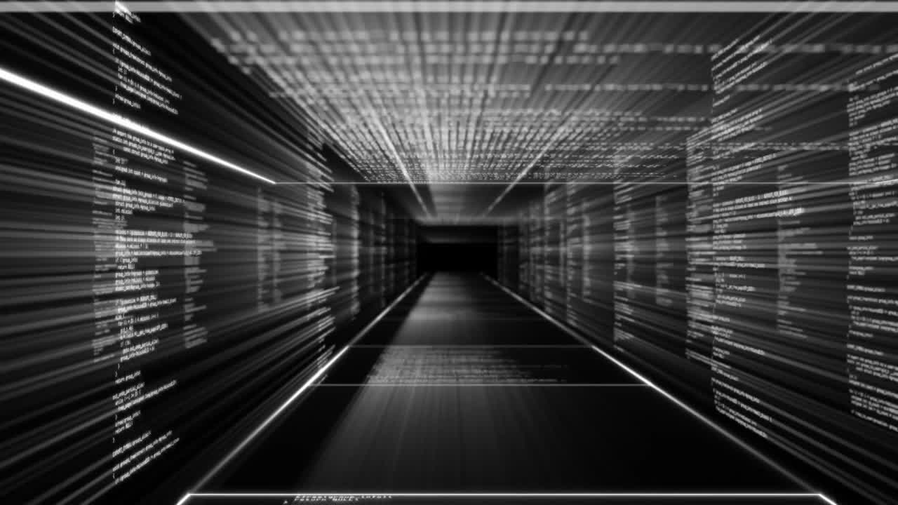 Coding animation and digital data streams flowing through futuristic corridor