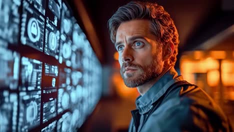 man monitoring security system on a large digital screen