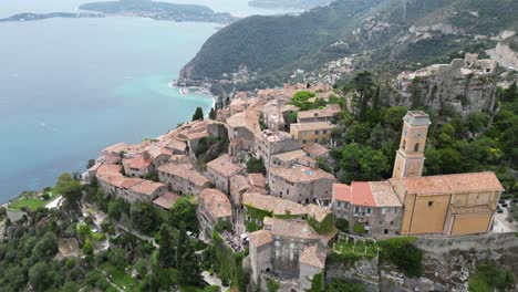 Eze-hill-top-village-France-Drone-,-aerial-,-view-from-air-slow-panning-establishing-shot