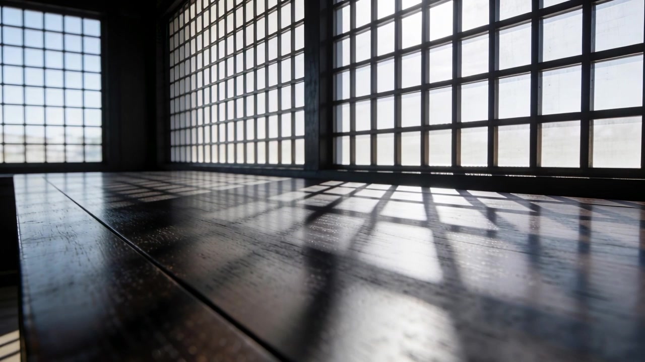 Reflecting wooden surface catching sunlight through grid windows in wide room, revealing wood grain