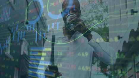 animation of financial data processing over african american businessman using smartphone