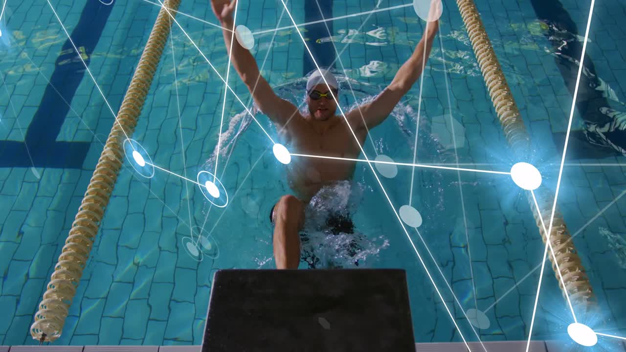 Male swimmer shifting legs, pushing into backstroke start while sports tech overlay tracking form