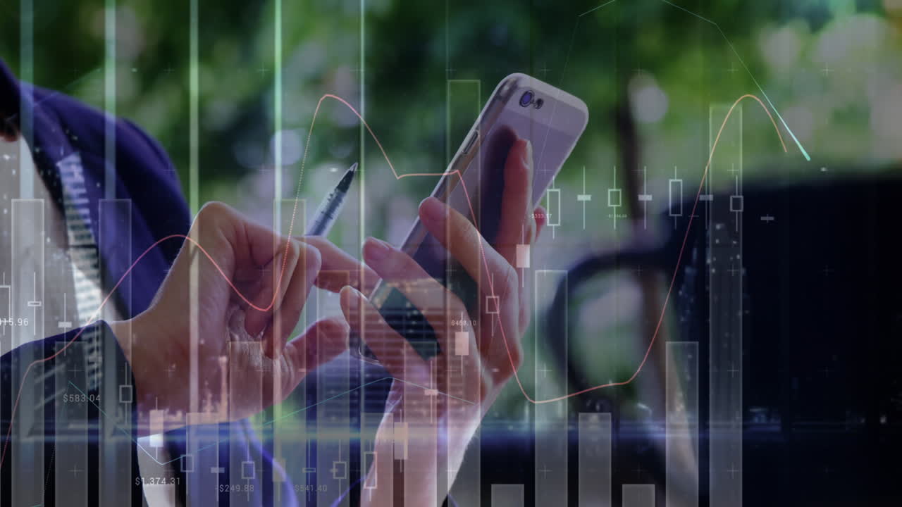 animazione delle statistiche e dell'elaborazione dei dati su uomo utilizzando smartphone