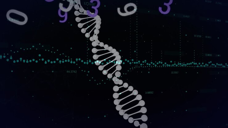 Animation of rotating dna strand over graph and numeric data processing on black background