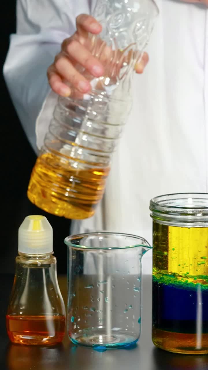 과학자가 액체 밀도 실험을 시연합니다. 다른 액체를 사용하여 항아리에 다채로운 층을 만니다.