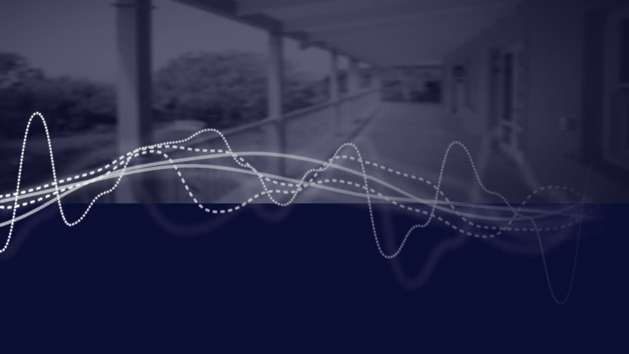 Abstract waveforms animating over blurred corridor background in school setting