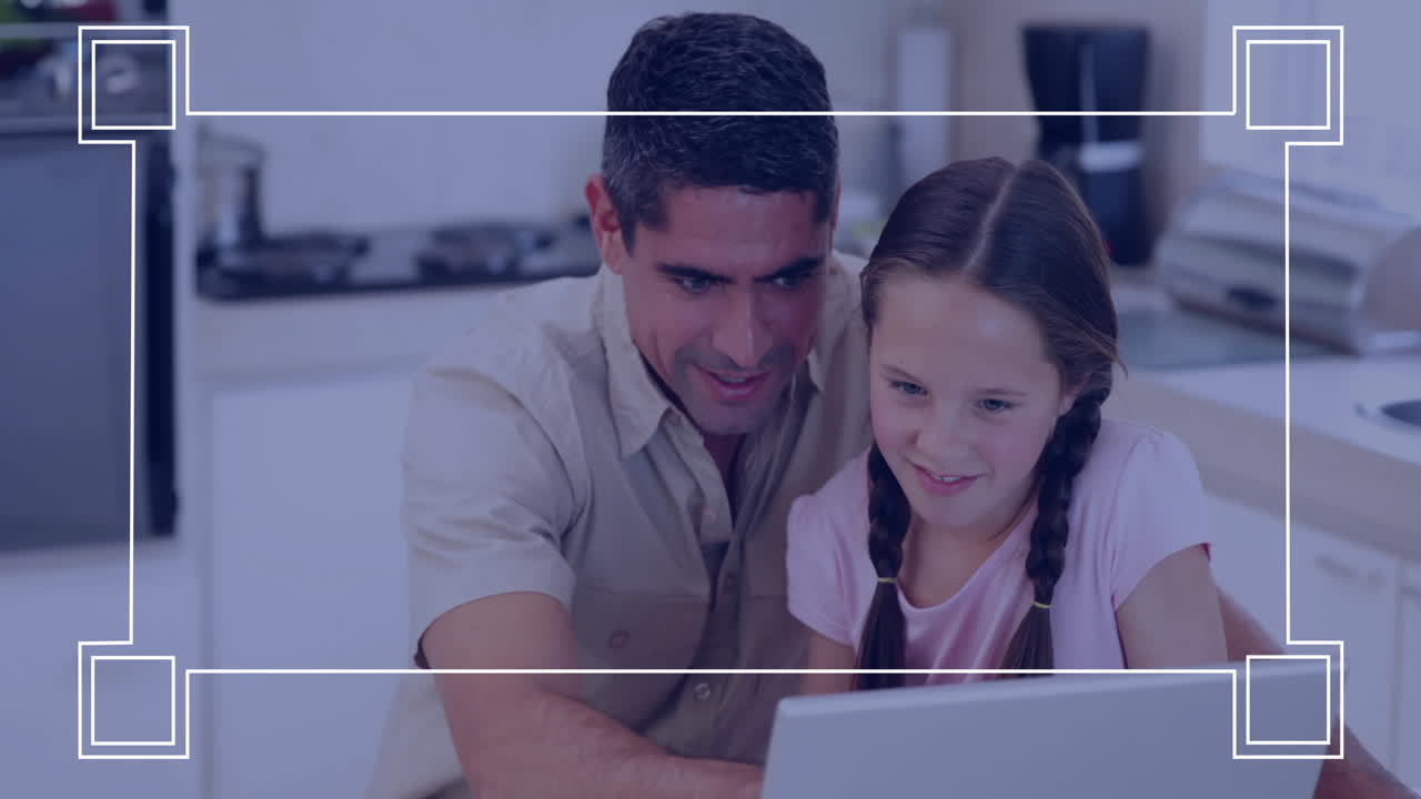 Using laptop, father and daughter framed by geometric animation in background
