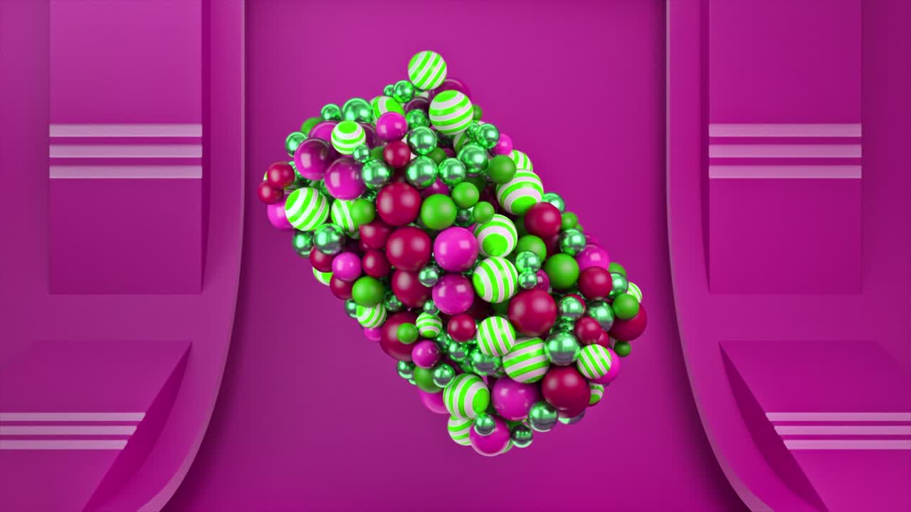 은 분홍색 배경에 고립 된 형성 된 3d 그림에서 회전하는 추상적인 다채로운 구. 애니메이션. 크고 작은 반이는 공의 추상적인 형태.