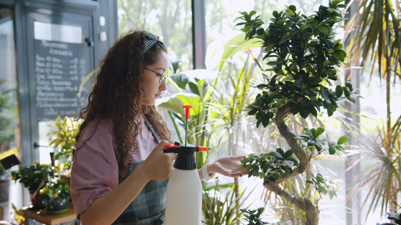 mujer regando plantas en una tienda de flores