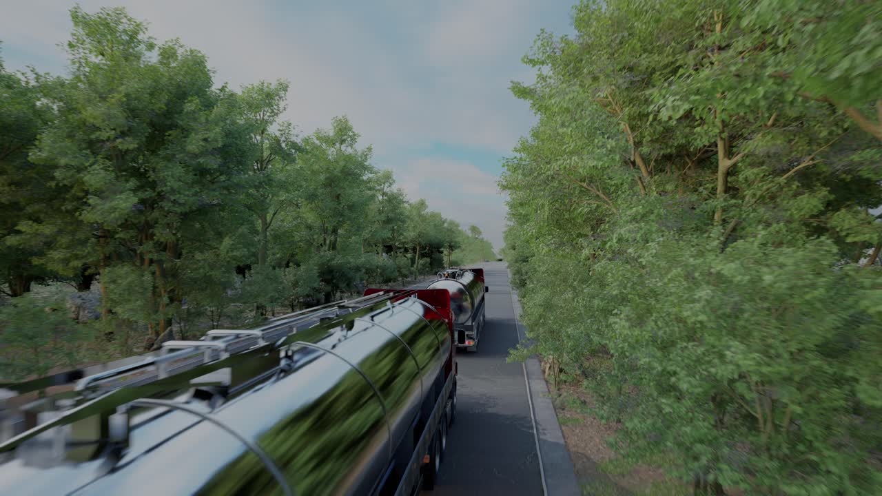 Two Gasoline Tanker Semi Truck On Asphalt Road. Silver Fuel Semi Truck Fast Driving On Straight Freeway In Countryside Dense Forest